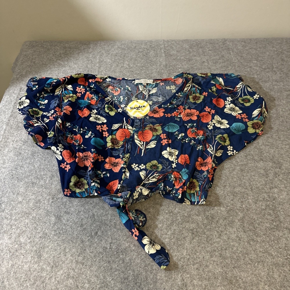 Hayden Los Angeles Navy Blue Tropical Floral Tie‎ Front Crop Top NWT Large